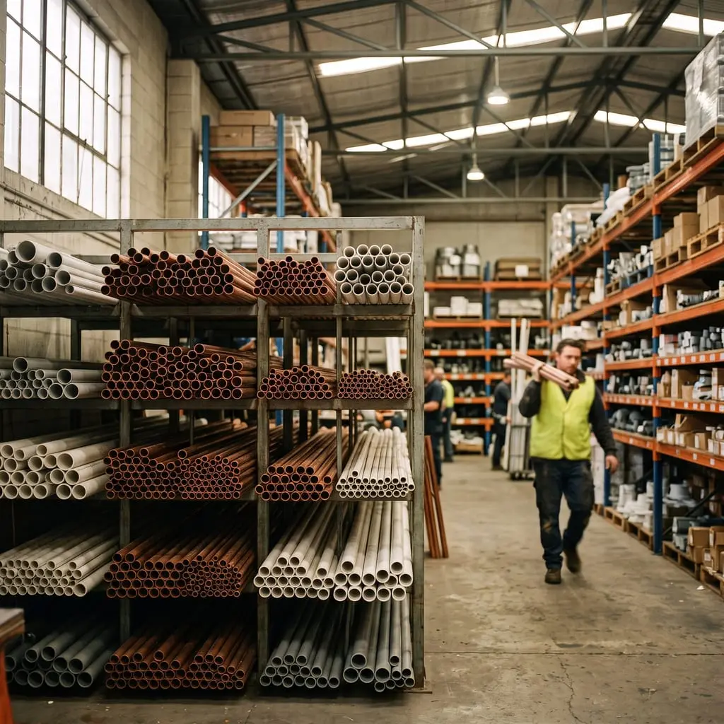 Almacén de fontanería con tubos de cobre y de PVC en las estanterías